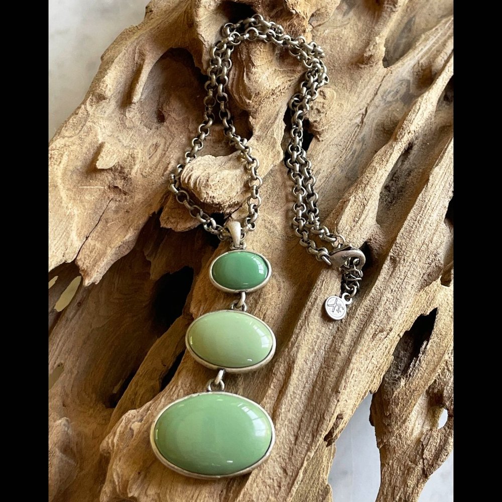 Triple Oval Pendant in 3 Shades of Soft Sage Green, Matte Silver Tone Chain "Xc"